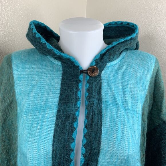 Alpaca Cotton Poncho Sweater Blue Stripe Button Hooded Sz OS Soft Cozy - Picture 3 of 10